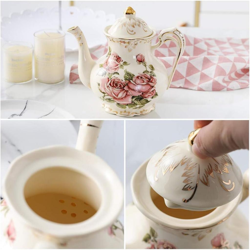 Vintage Rose Ceramic Teapot 800ml, Floral Teapot with Gold Leaf Rim for Loose Tea, Ivory Elegant Tea Pot, Gift for Tea Lovers