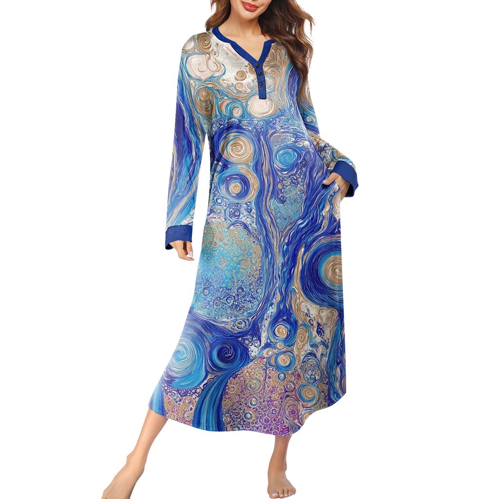 Women's Nightgown Long Loungewear V-neck Nightdress With Pockets