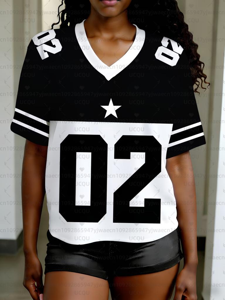 Women's NO.02 Print V-Neck Short Sleeve Casual T-Shirt Summer Graphic Tee Jerseys Plus Size Sport T-Shirt