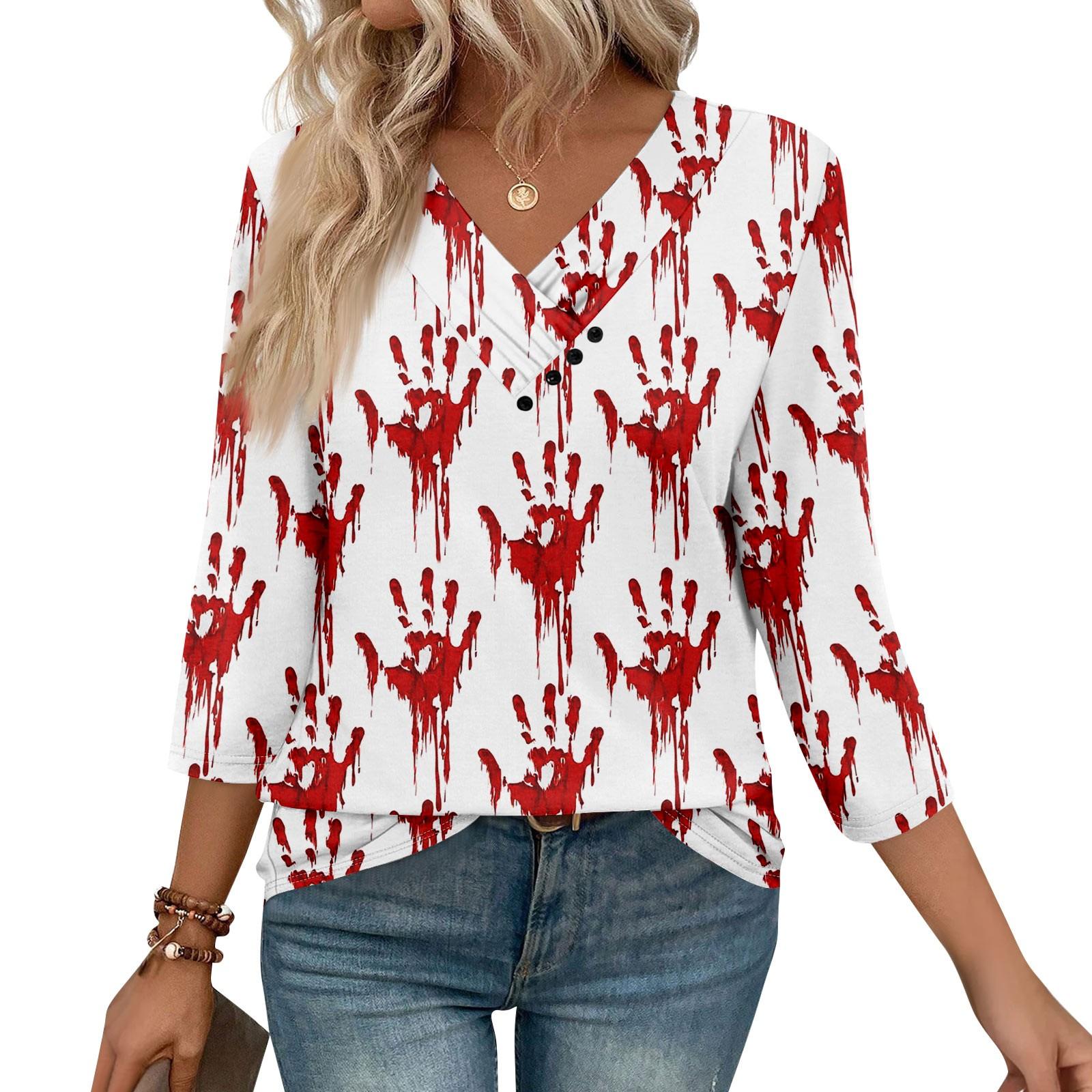 

Женские футболки с рукавом 3/4 для повседневной носки и выходных, с V-образным вырезом, повседневные, с принтом, свободного кроя, плиссированные, рубашки на пуговицах XL арбуз красный