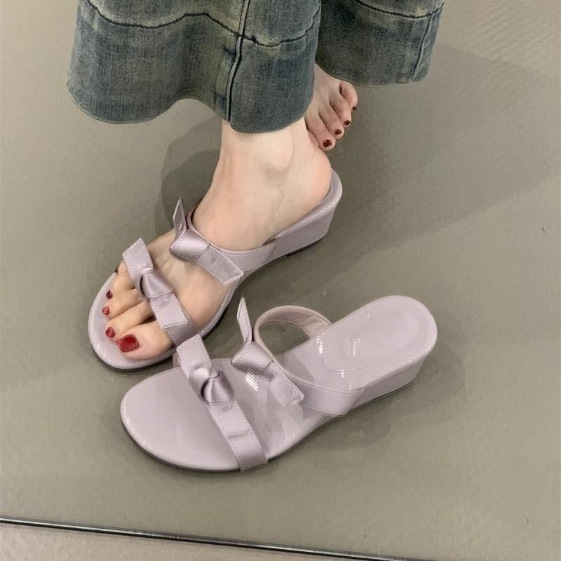 Slope heel gentle evening breeze flip-flops summer 2025 French temperament elegant bow purple with skirt sandals