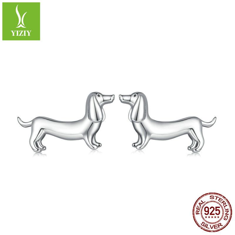 S925 Silver Dachshund Dog Stud Earrings Jewelry Set, Cute Animal Plain Silver Open Ring