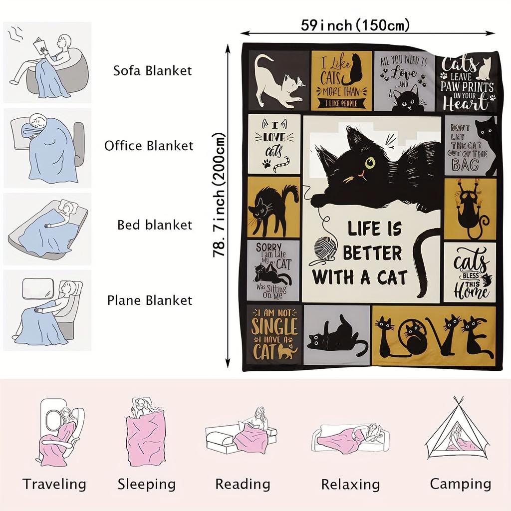 1pc Blanket Lovely Black Cat 3D Print Smooth Flannel Blanket for Home Living Room Bedroom Decor New Year Christmas Gift