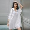 Nachtwäsche für Damen im Sommer, sexy und süß, kurzärmelig, dünnes weißes Hemd, mittellang, locker sitzender Pyjama