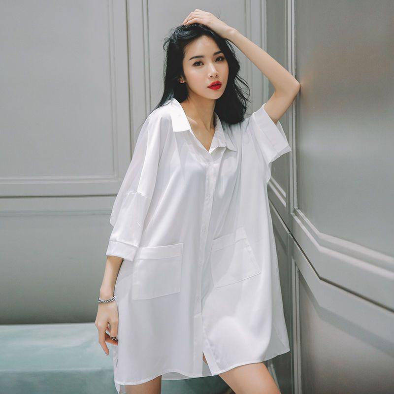 Nachtwäsche für Damen im Sommer, sexy und süß, kurzärmelig, dünnes weißes Hemd, mittellang, locker sitzender Pyjama