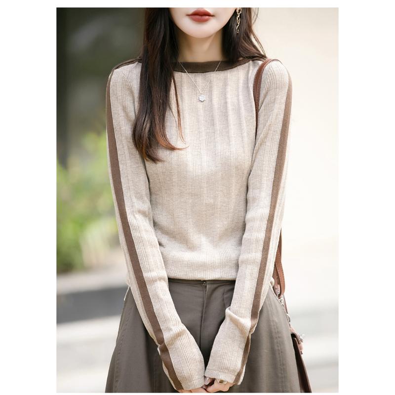 Women's Beige Ribbed Knit Top Contrast Collar Long Sleeve Fit Autumn Casual Fashion Comfortable Knit Sweater