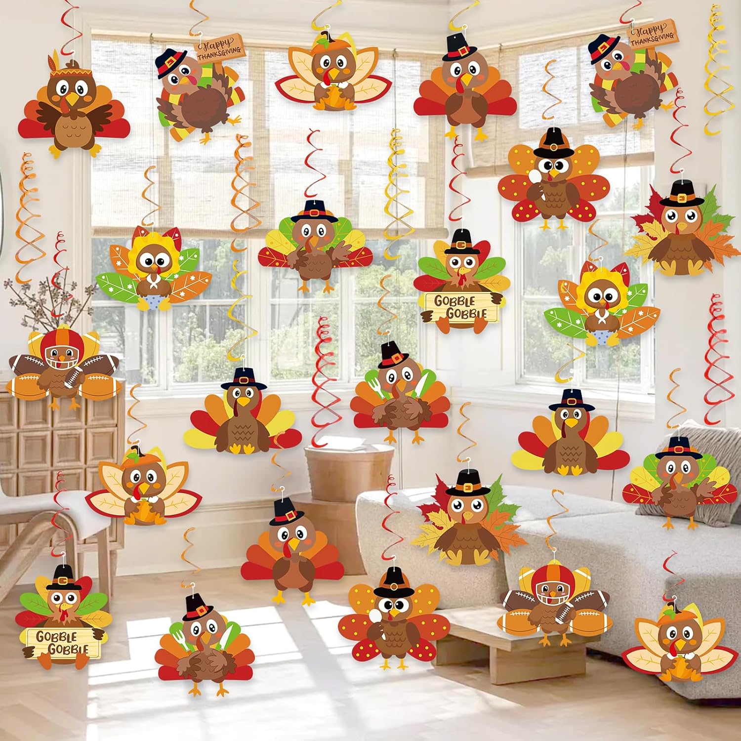 Thanksgiving Hanging Ceiling Decorations, 24pcs Hanging Swirls Turkey Decorations, Friendsgiving & Thanksgiving Party Decor for Home Classroom Office Turkey