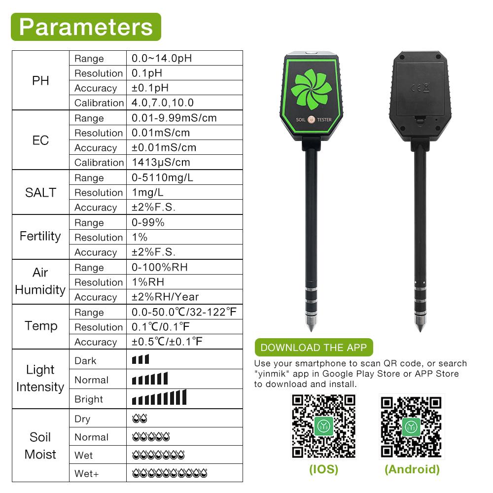 Bluetooth 8 in 1 Soil Tester Soil Meter pH EC Salt Fertility Moisture Air Humidity Temperature Light Intensity Meter App Control