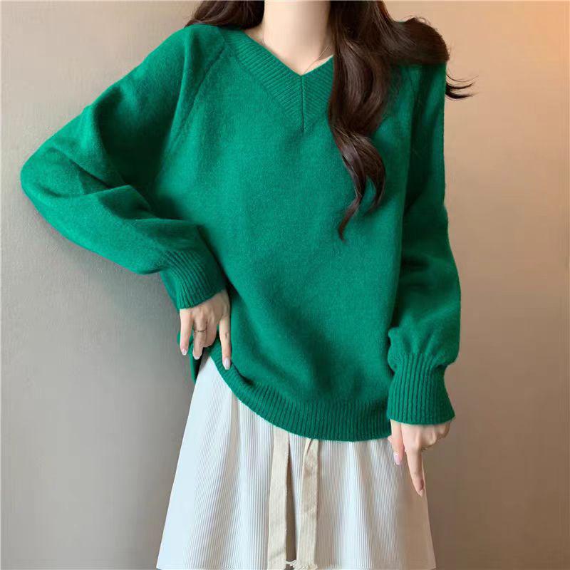 Women's Lazy Style V-Neck Pink Knitted Pullover Sweater - New Design for Autumn/Winter