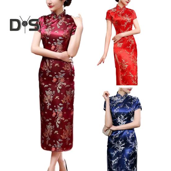Women Dress Chinese National Style Floral Embroidery Stand Collar Short Sleeves High Side Split Chinese Knot Buttons Cheongsam Satin Silky Slim Fit