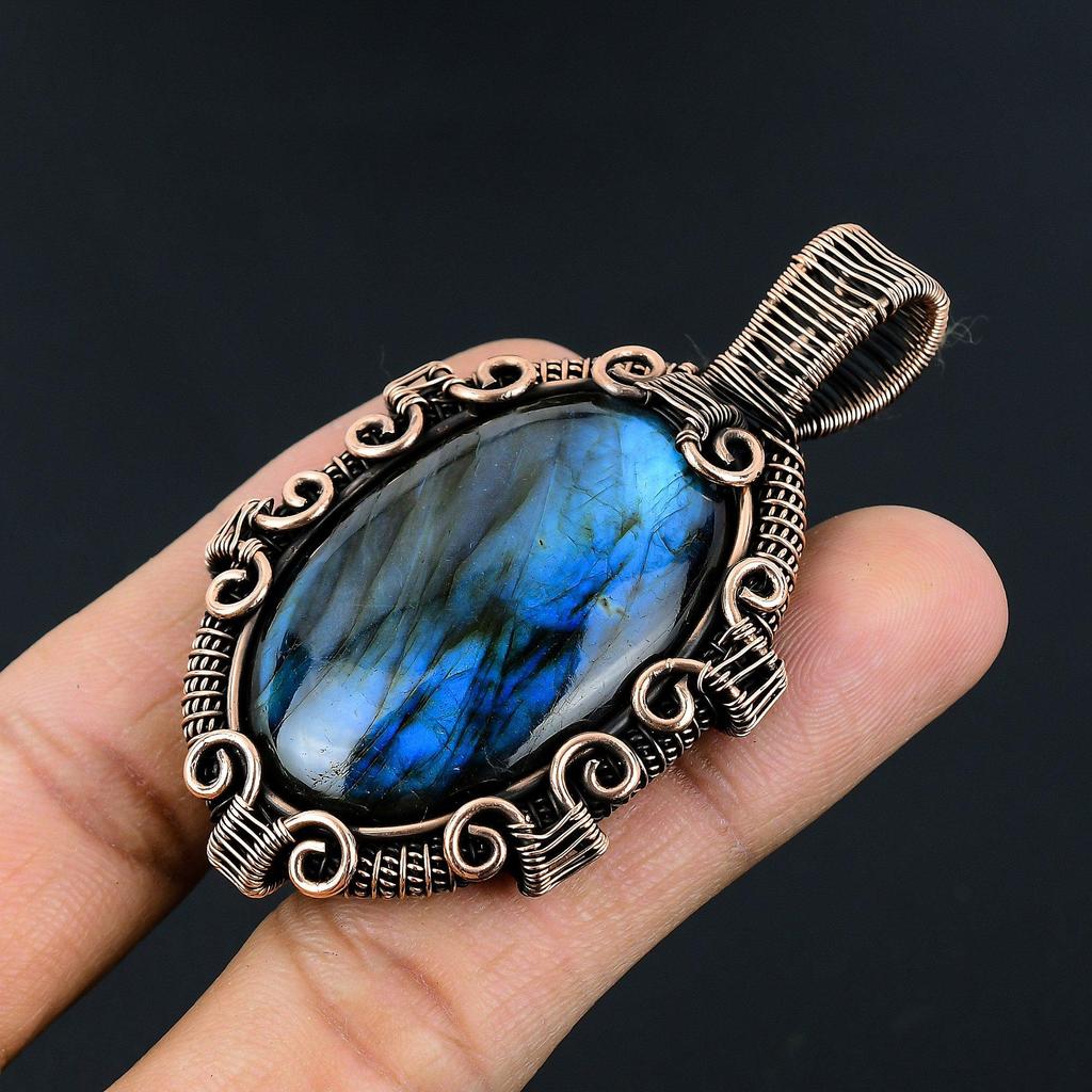 Labradorite Pendant, Handmade Gemstone 999 Copper Wire Wrapped Pendant Antique Jewelry, For Gift Silver Jewelry