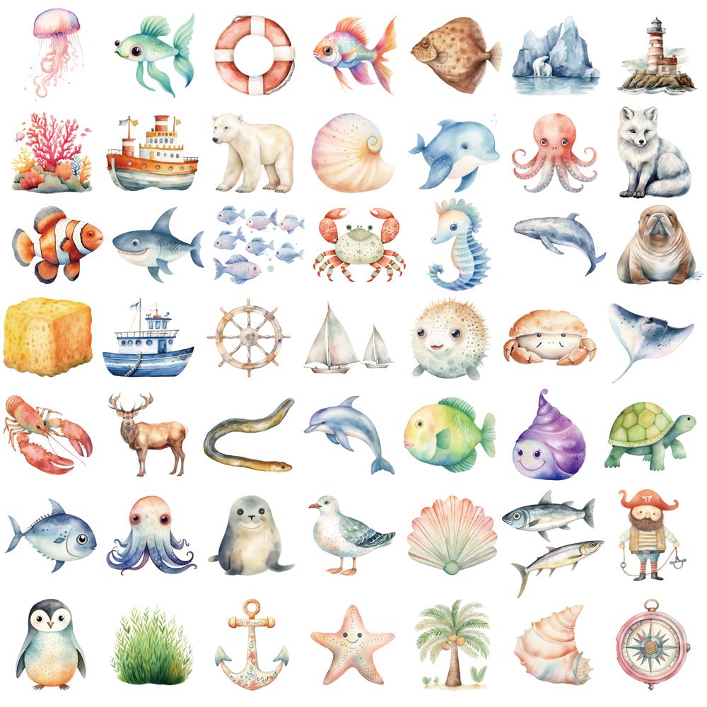 50PCS Sea Themed Cute Cliparts Stickers Wall Art Cartoon Graffiti Decal For Graffiti Laptop Cup Luggage Phone Aesthetic Stickers