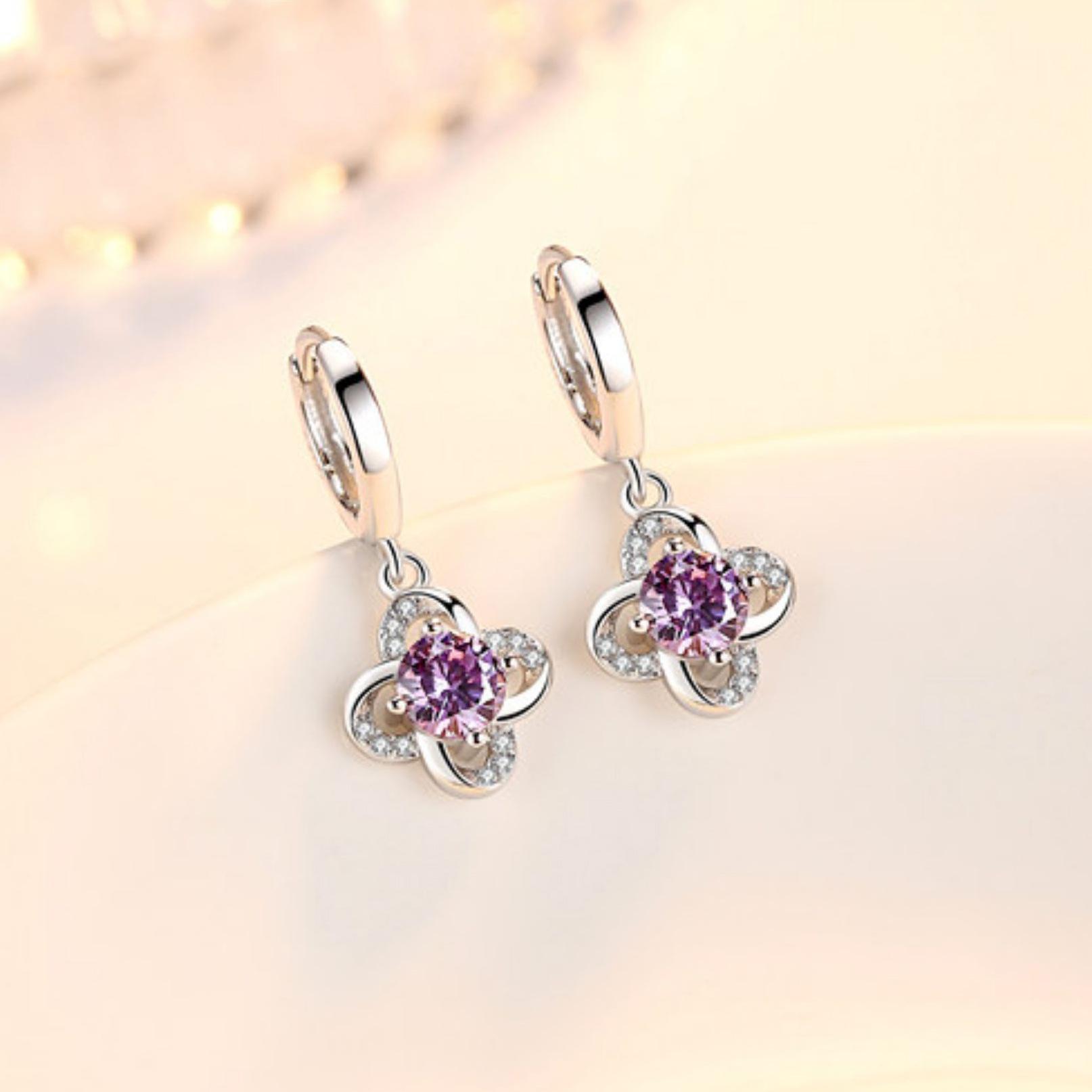 Retro simple diamond-encrusted four-leaf clover earrings exquisite niche high-end light luxury versatile purple stud earrings