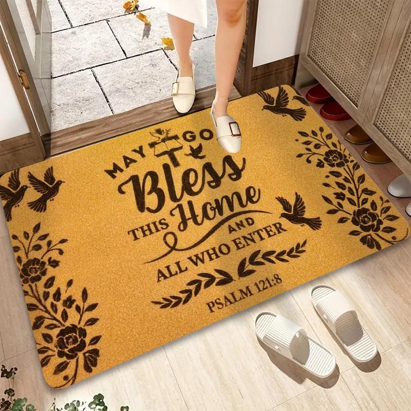 May God Bless This Home Flannel Doormat Religious Quote Non-slip Entrance Rug Christian Gift for Front Door Hallway