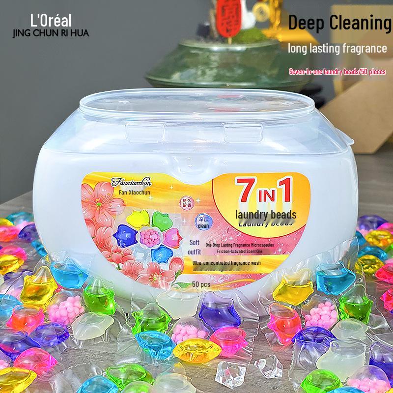50-pack 7-in-1 Laundry Beads with Long-lasting Fragrance, Softening, and Stain Removal – Seven-chamber Gel Beads for Household Use.