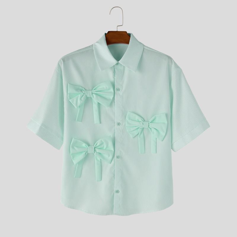 INCERUN Summer Men Lapel Neck Short Sleeve Buttons Up Striped Print Bow Casual Shirts L зелёный