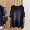 Tricou de damă de primăvară-vară subțire, mărime plus, negru, larg, fals două piese, cu mâneci lungi, cu gât rotund, tip palton