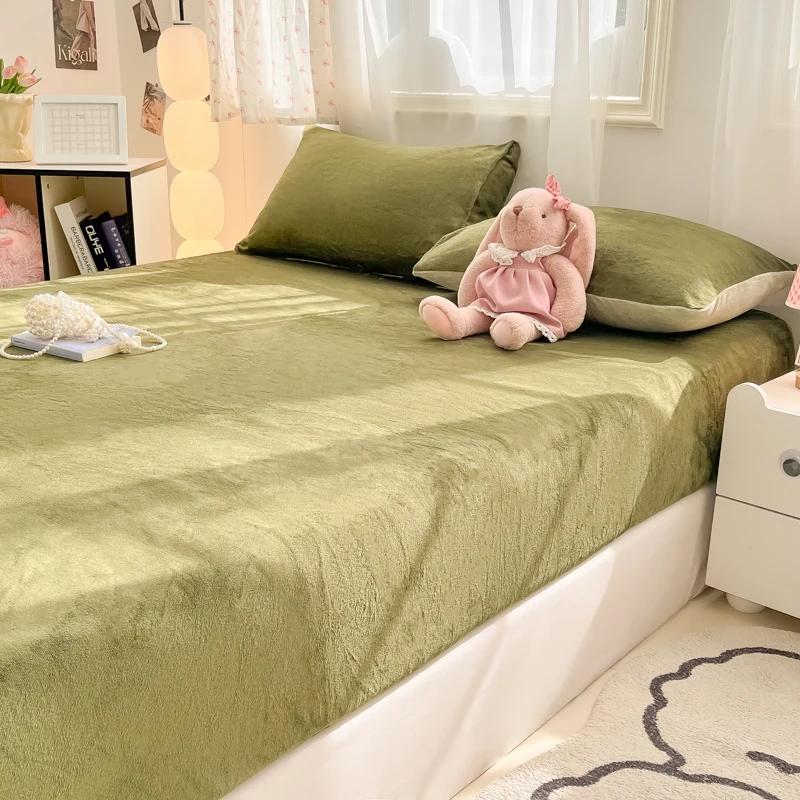 Winter Warm Velvet Fitted Sheet Solid Color Bedsheet Soft Bed Cover Queen Size Bed Linen Home Sheet Couvre Lit