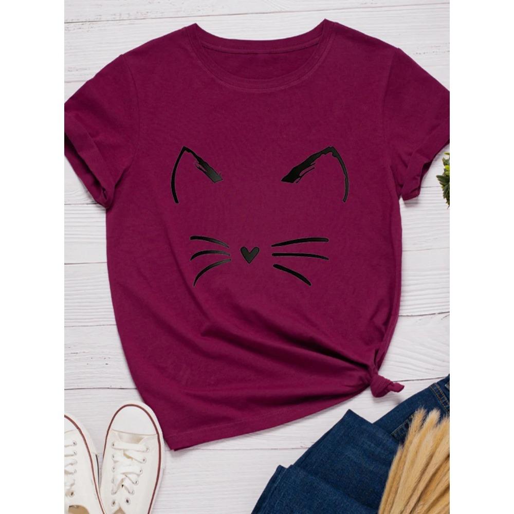 

Мультяшный принт с мордочкой кошки, женская футболка с короткими рукавами, с круглым вырезом, свободного кроя, повседневная, модная, подходит для ежедневных топов S