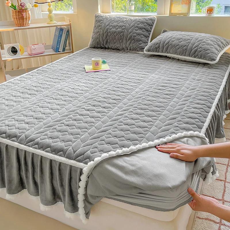2024 New Milk Fleece Padded Cotton Class A Bed Skirt Mattress Hairball Thickened Mattress Protective Cover Solid Color