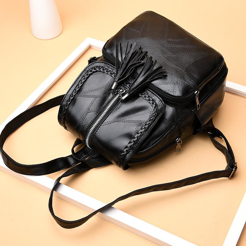 Schoolbag European and American Retro Leather Women's Casual Backpack 1011 New Pu Tassel Simple Versatile Backpack High Value Women