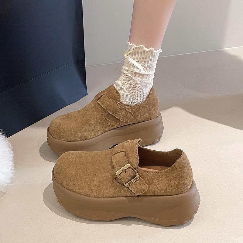 One Buckle Platform Wedge Single Spring and Autumn Round Toe Deep Mouth Bull Suede Non-Slip Low Top Shoes