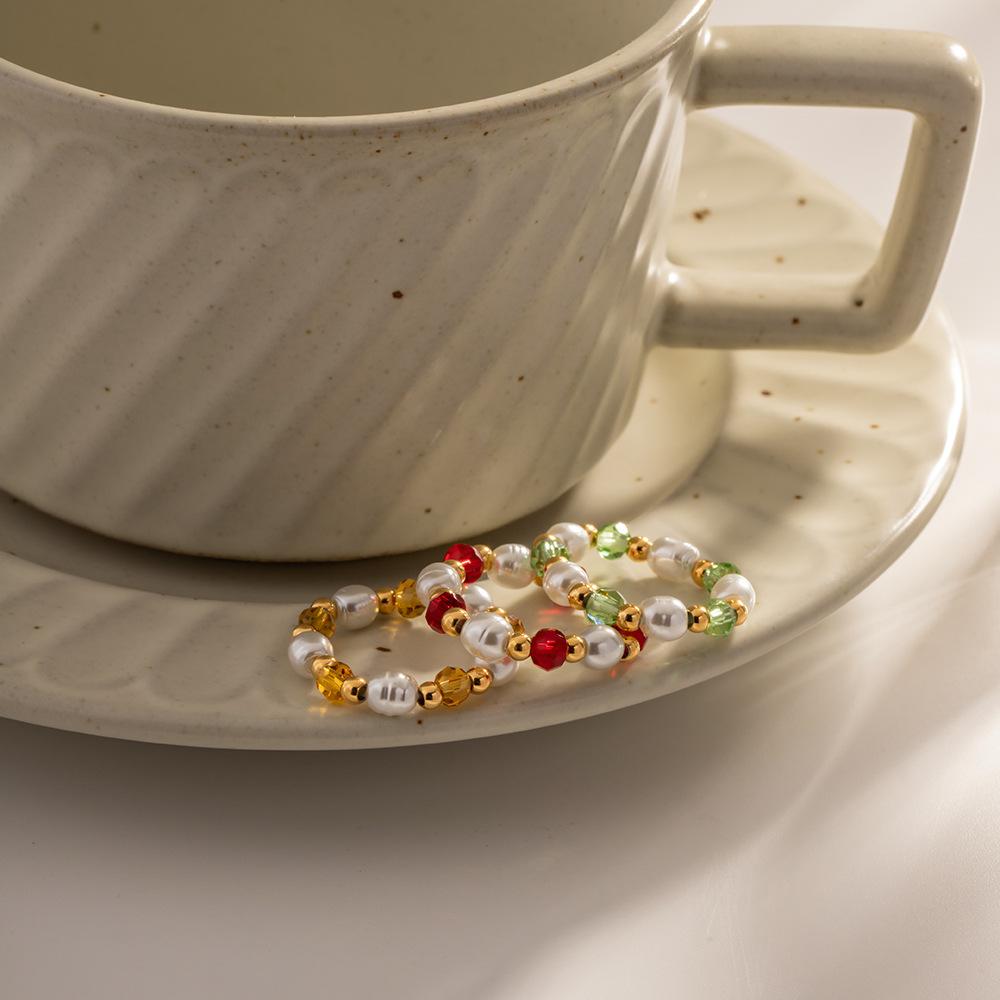 Stylish Design Geometric Crystal Pearl Beaded Ring Ins Style Jewelry For Women