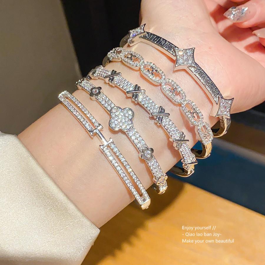 Geometric Zircon Flower Letter Bracelet With Silver Copper Hand Jewelry For Women