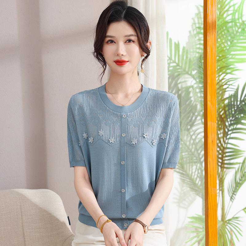 

Elegant Ice Silk Round-Neck Top for Middle-Aged and Elderly Women – Perfect Mother s Day Gift 3XL (120-135 jin) синий