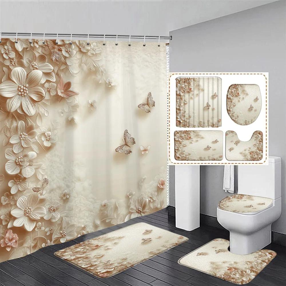 Luxury Pink Floral Butterfly Shower Curtain Set Diamond Flower Art Bathroom Decor Bath Curtains Bath Mats Toilet Lid Cover