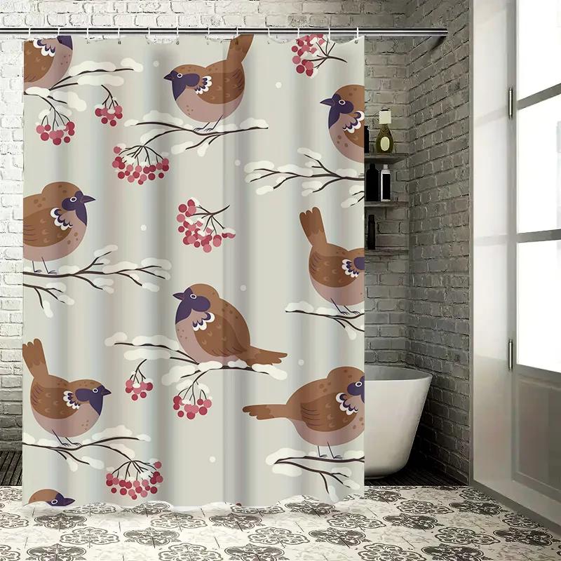 Charming Winter Birds Shower Curtain Snowy Branches Pattern for Bathroom Decor Modern Home Accessories Size72x84 Inches