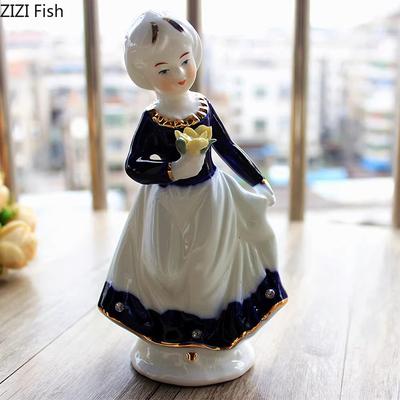 Flower Basket Girl Statue European Figures Ornaments Desk Decoration Blue Ceramic Girl Character Sculpture Room Aesthetic Decor