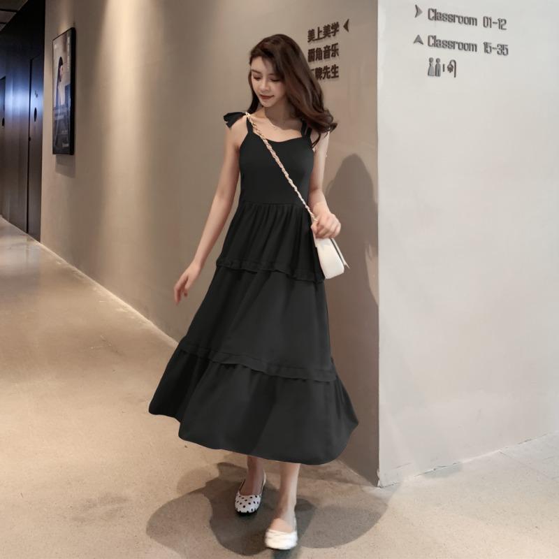 Sommer Neu Einfarbig Krawatte Schleife Sexy Träger Kleid Damen Retro Hohe Taille A-Linie Lässig Locker Lange Kleider Damen Mode Slim Fit Rüschen Elegantes Kleid 26371