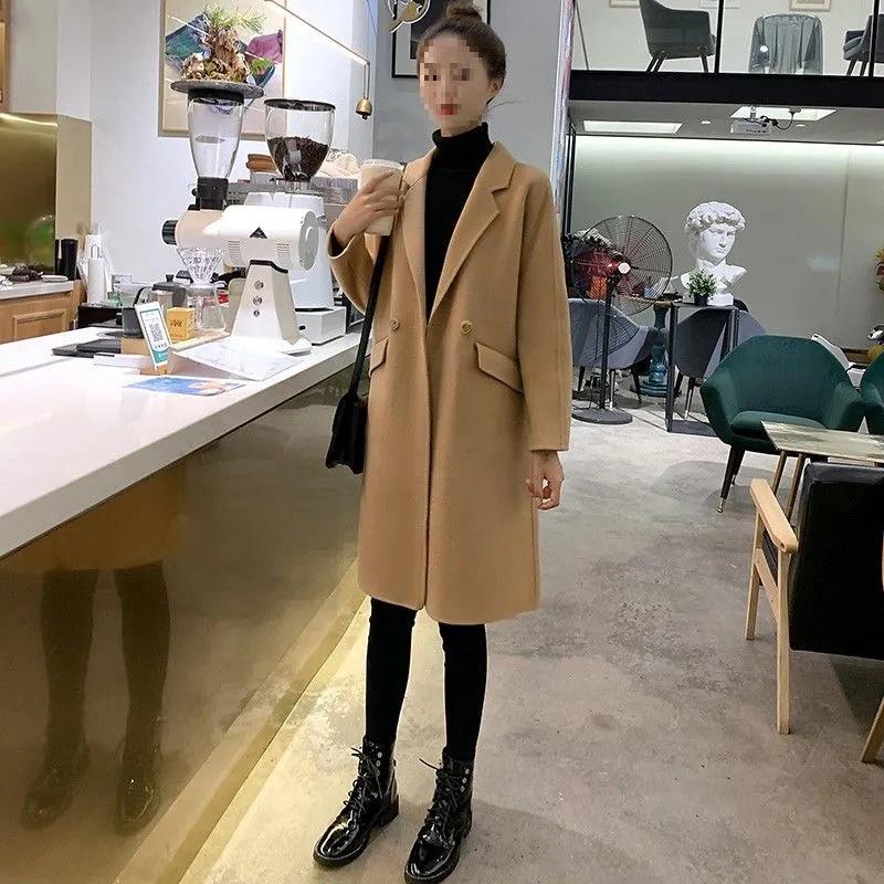 2025 Women's Mid-Length Woolen Coat, Loose Camel Color, Popular Korean Style for Autumn and Winter