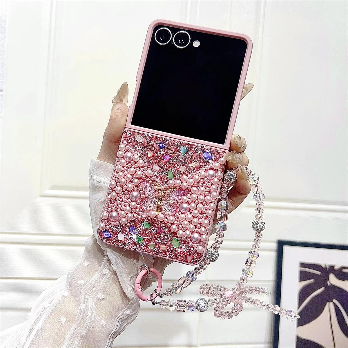

ДЛЯ Samsung Galaxy Z Flip 7 6 5 4 Flip6 Flip7 FE Чехол для телефона с блестящей цепочкой-браслетом в виде бабочки, Жесткая противоударная задняя крышка Galaxy Z Flip6 розовый