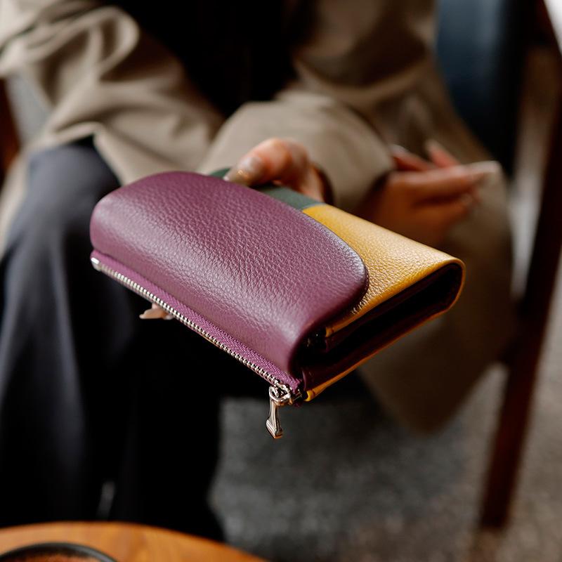 2026 Leather Women's Color-blocked Wallet, Large Capacity Top Layer Cowhide Wallet, Short Clutch
