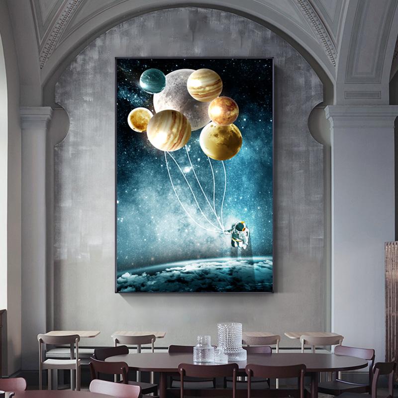 Balloon Wall Art Canvas Painting Astronaut Planet Space Prints Posters Nordic Cartoon Animal Wall Pictures for Kids Living Room No Frame