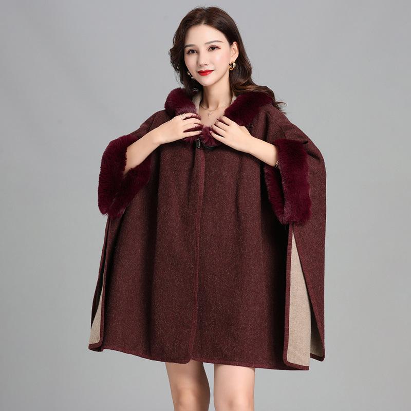 European and American Imitation Rabbit Fur Collar Hooded Large Shawl Cape Women's Knitted Cardigan Thick Loose Mid-length Fur Coat for Women