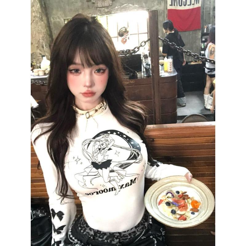 Bow Sleeves Irregular Pure Sweet and Spicy T-shirt Women's Early Autumn New White Long-sleeved Skin-tight Slimming Bottom Top