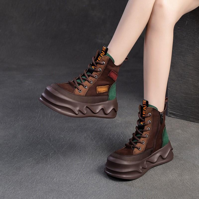 Johnature Scarpe con suola spessa e aumento dell'altezza, retrò, colori misti, stivaletti corti in vera pelle, scarpe da donna
