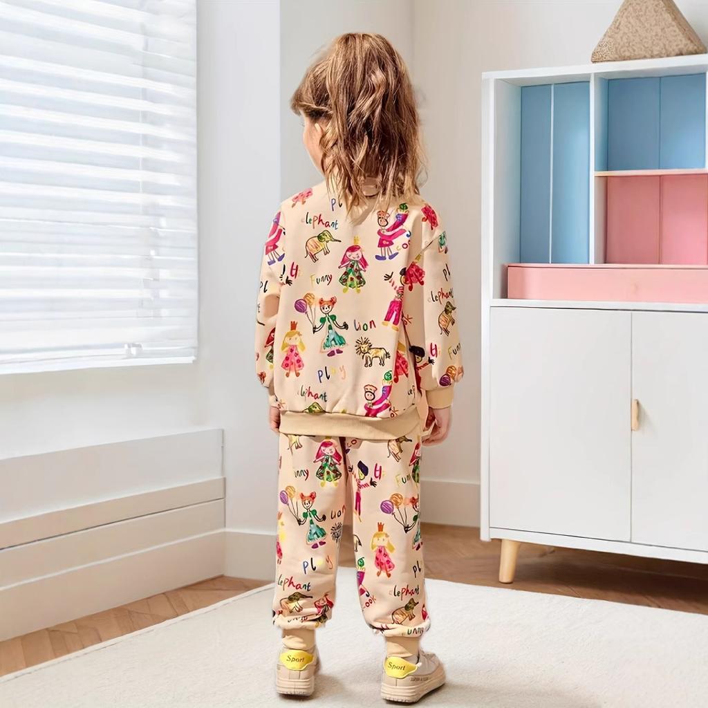 Girls' Graffiti Printed Round Neck Long Sleeve Suit Autumn Children's Round Neck Long Sleeve Hoodie & Pants Suit