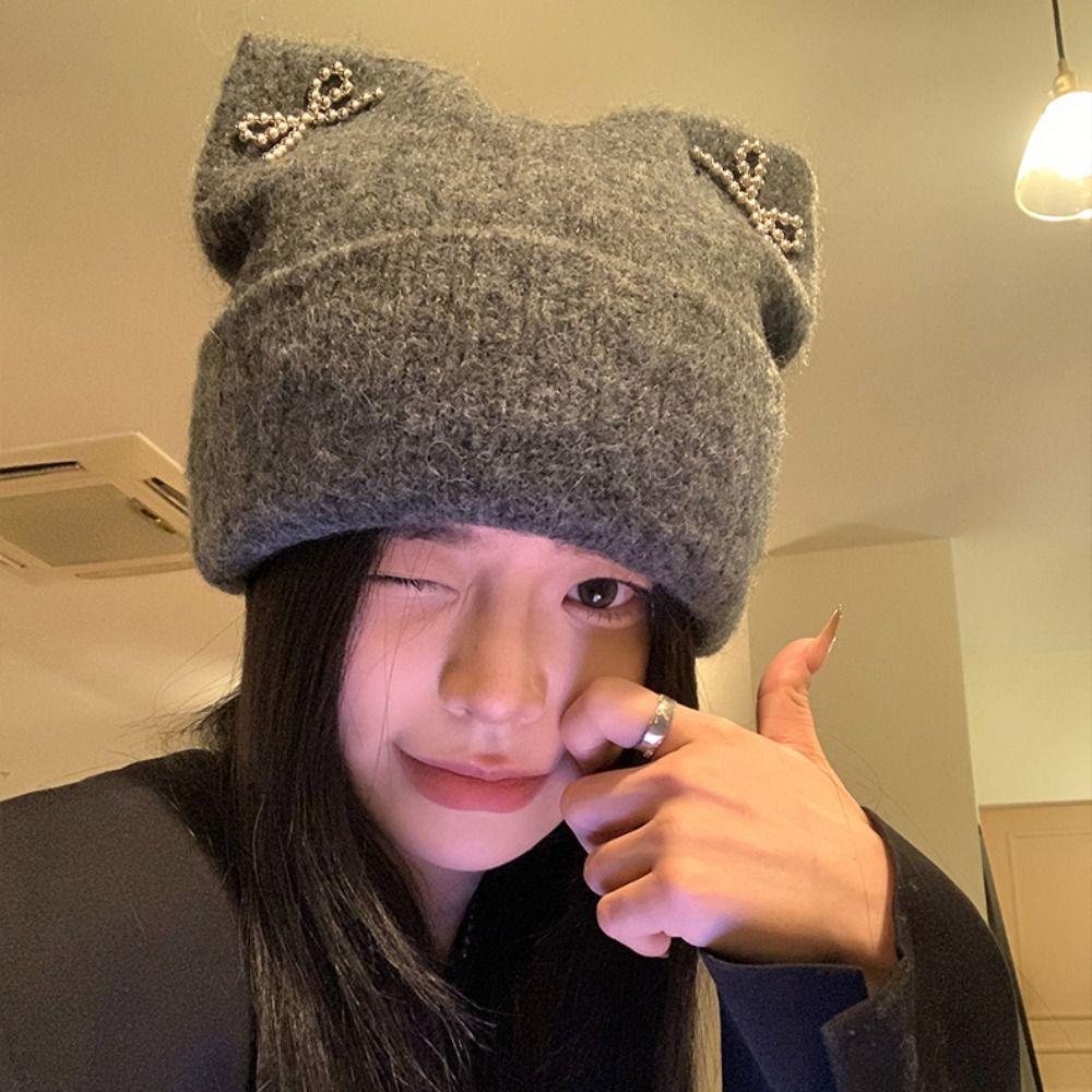 Bow Knitted Pullover Hat Fluffy Winter Wool Hat Keep Warm Cat Ears Beanie Hat  Girls