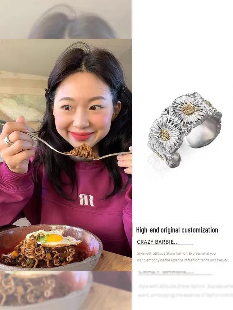 Fever High-End Silver Flower Ring: Stylish & Luxurious Korean Design for Summer 2024 Female Fashion