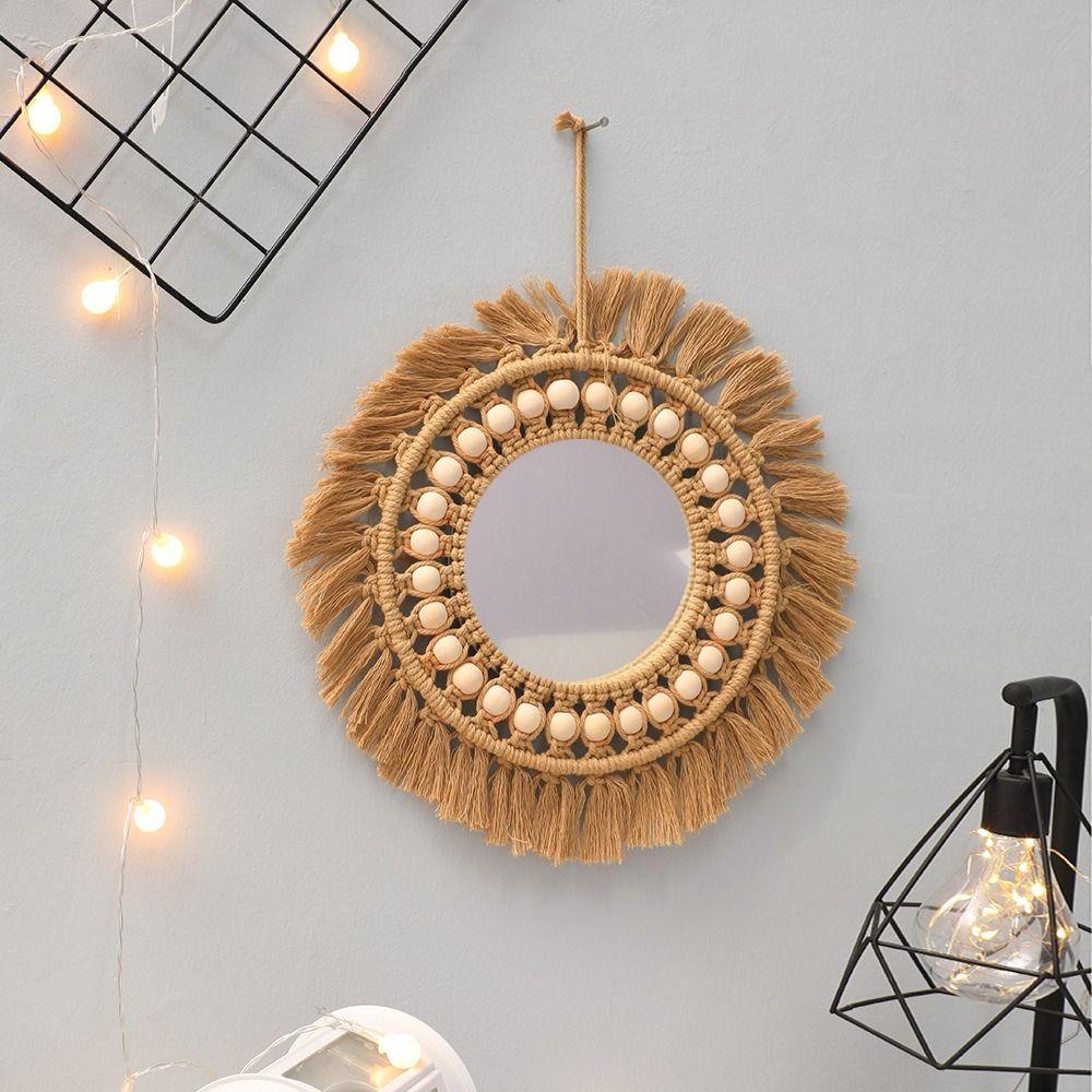 Round Decorative Hanging Mirror Macrame Handmade Wall Mirrors Wall Art Decor Woven Tapestry Mirror