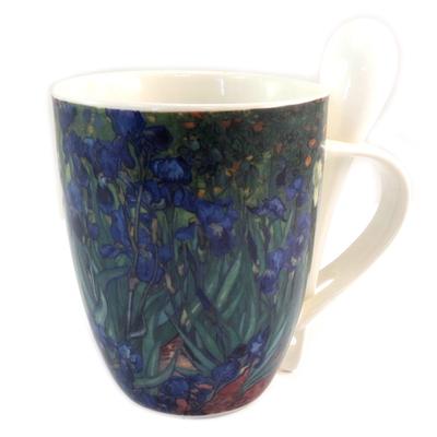 [Q7697] - Porcelain Mug + Spoon 'Vincent Van Gogh' (Iris) - 10.5x8 Cm