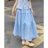 Summer High Waist Skirt Big Pendulum Medium and Long Blue and White Plaid Elastic Waist Versatile Skirt