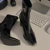 Versatile Autumn and Winter  New Mid-leg Boots Look Thin Patent Leather Booties Women's High Heel Block Heel