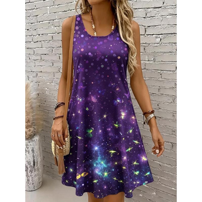 Women's Round Neck Sleeveless Tropical Parrot Print Casual A-Line Mini Dress, Fun Tank Dresses for Spring & Summer