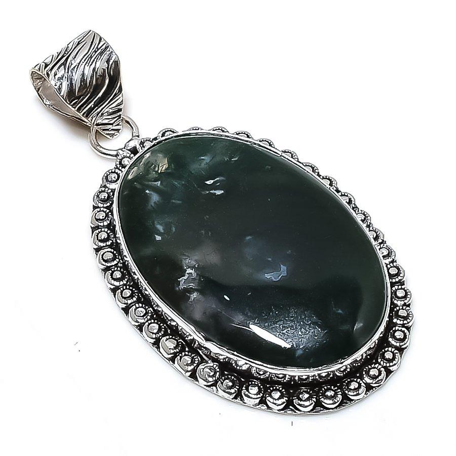 Indian Moss Agate Gemstone 925 Sterling Silver Jewelry Pendant 2.25" SU-10698