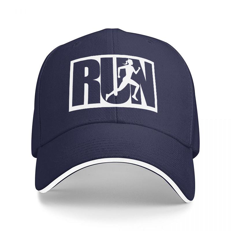 RUN Logo Black Baseball Cap with White Running Figure Design Sporty Style for Active Lifestyle Outdoor Fitness and Daily Wear